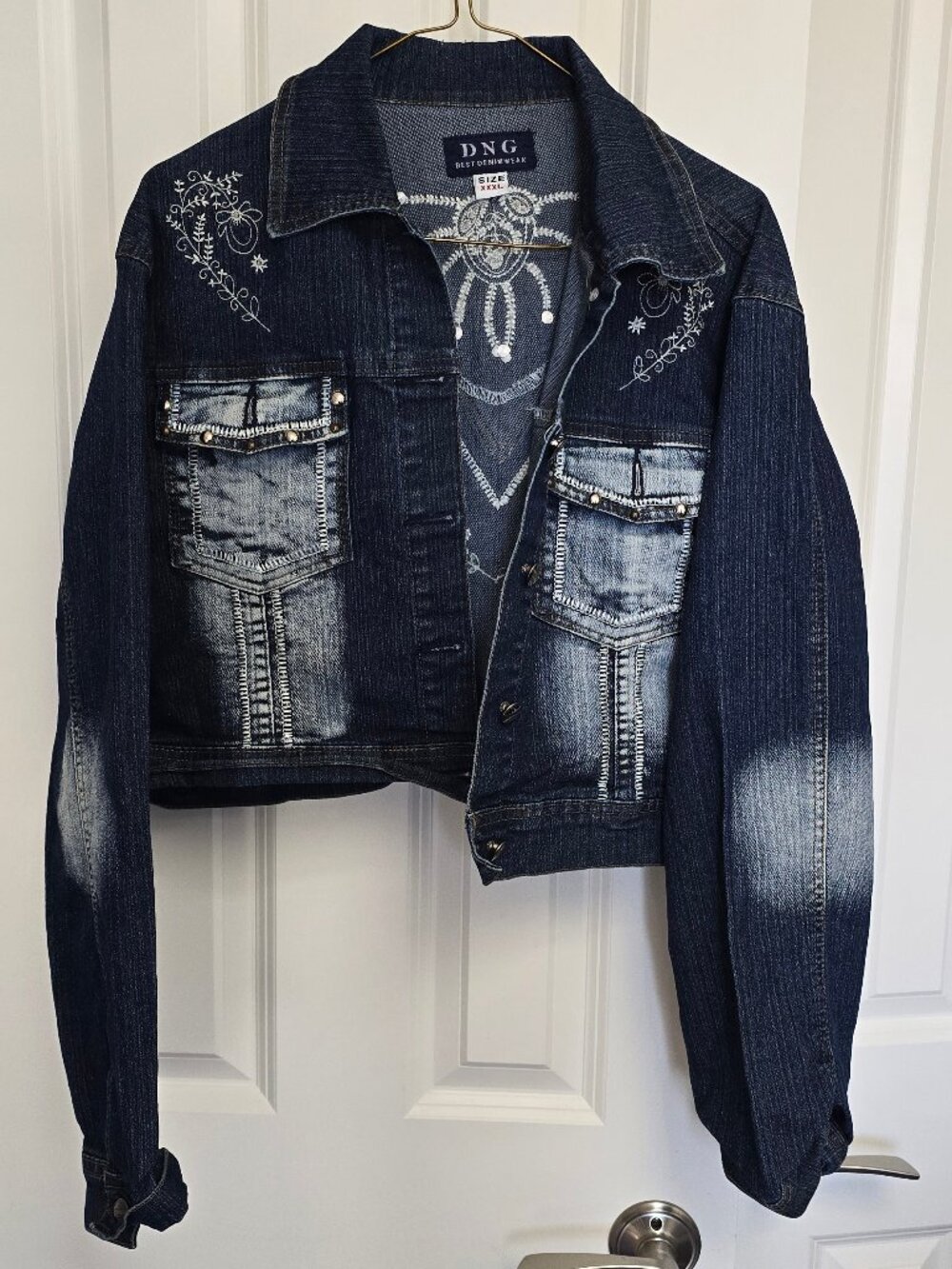 Vintage DNG Best Denimwear Embroidered Beaded Denim Crop Jacket Size XXXL